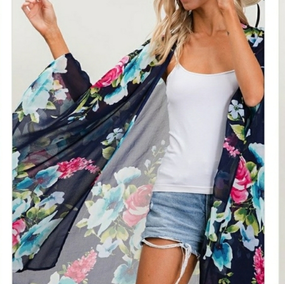 Navy Blue Floral Kimono - Picture 2 of 3